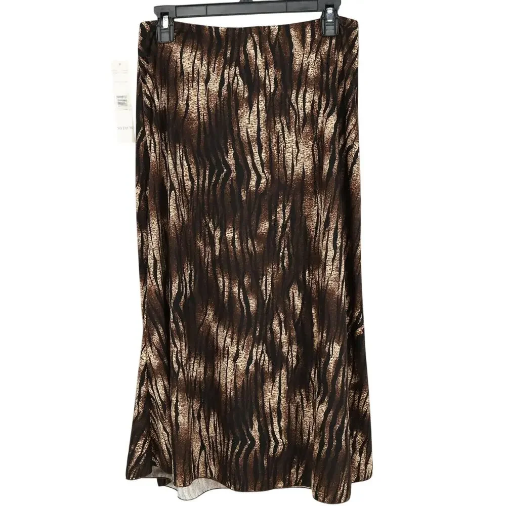 Lucy Pereda Skirt Womens Medium Animal Print Stretch Knit Long Slit Brown New